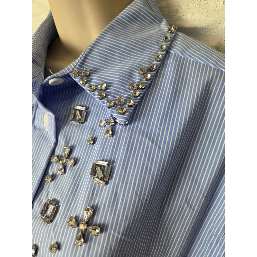 Western Women's blouse Sz Small BLUE B l/s Jewels Blue Pinstripe Button up NWT - Picture 4 of 13